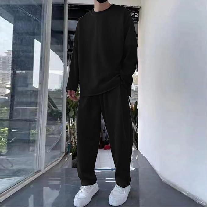 🖤 Men's Solid Black Round Neck Co-ord Set – Style Meets Comfort! 👕👖