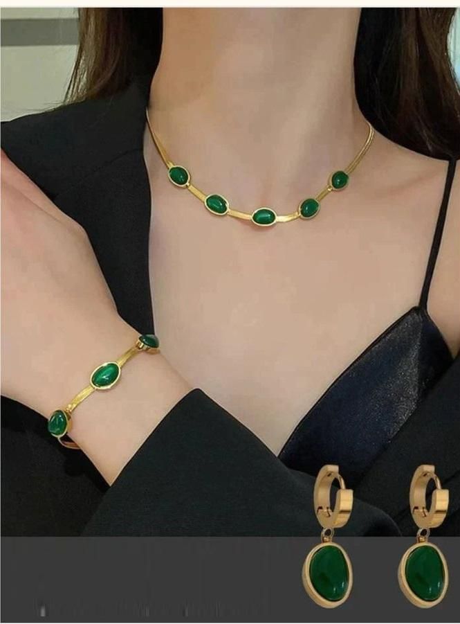💚✨ Oval Green Crystal Pendant Necklace Set with Bracelet ✨💚